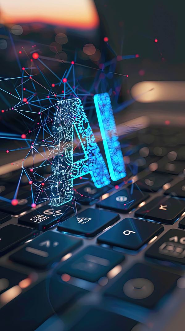 futuristic ai representation with glowing neural network laptop keyboard tech innovation