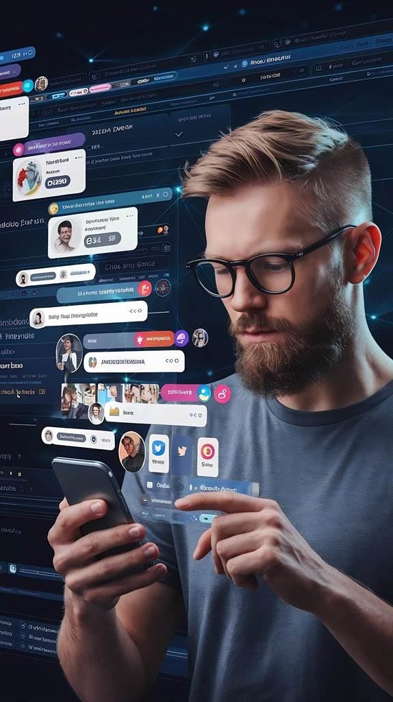 portrait caucasian man using smartphone metaverse with animated stream online interfaces w