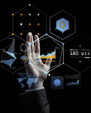 business people future technology concept raised businessman hand with virtual charts black background