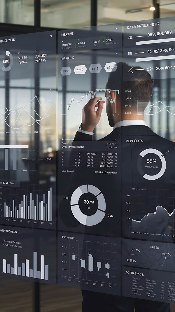 businessman working with kpi dashboard metrics bi graph financial report