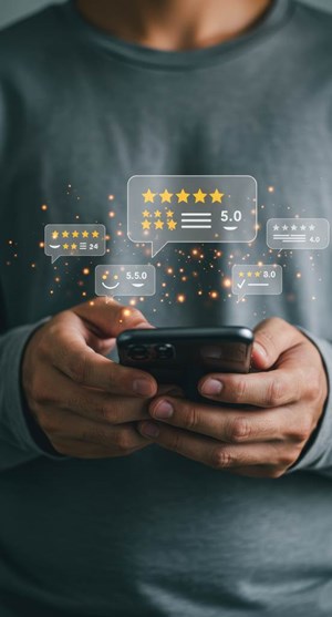 smartphone with customer review overlays including star ratings smiley faces digital feedback