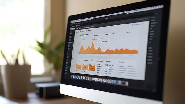 desktop computer screen displaying business analytics dashboard with orange line chart